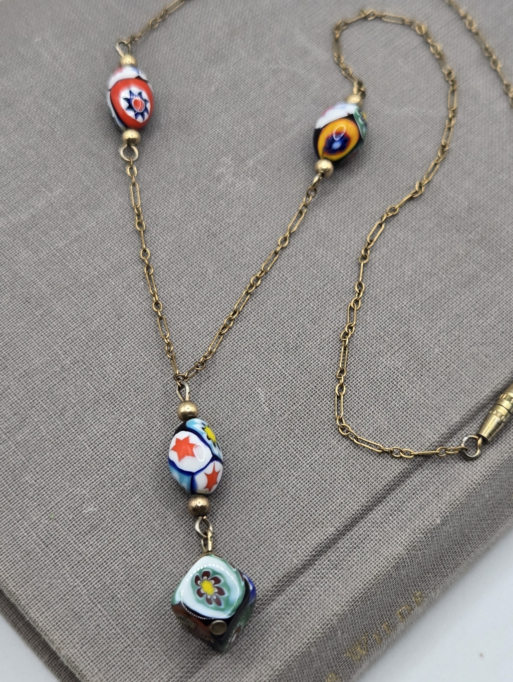 Italian Murano Millefiori Glass Bead Gold Necklace Paper Clip Chain Ydrop 18-21 58$